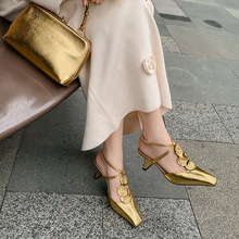 欧货~ 法式复古金花玛丽珍鞋女小众设计感羊皮包头T字扣高跟凉鞋