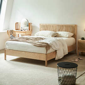 侘寂风实木床藤编床头1.5米双人床1.8米民宿酒店家用卧室单人床