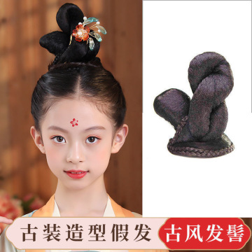 儿童款仙女发髻古风汉服发包古装假发一体式女发型马尾软发箍可爱