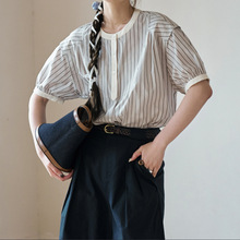 黑白条纹短袖衬衫女夏季法式复古文艺圆领衬衣上衣
