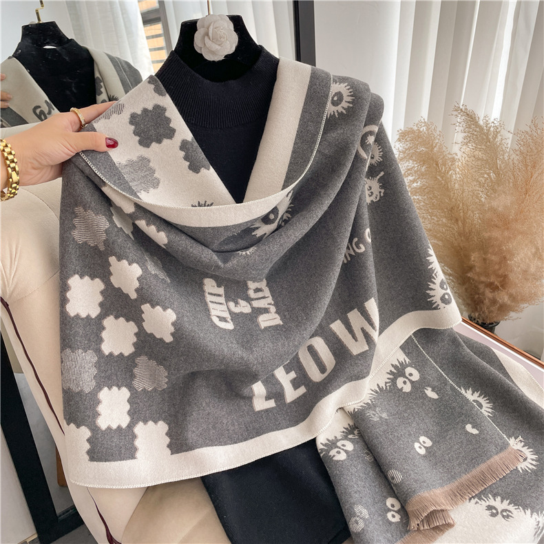 2022 New Artificial Cashmere Scarf Women's Winter Personality Cartoon Long Tassel Shawl Dual-Use Students Warm-Keeping Scarf
