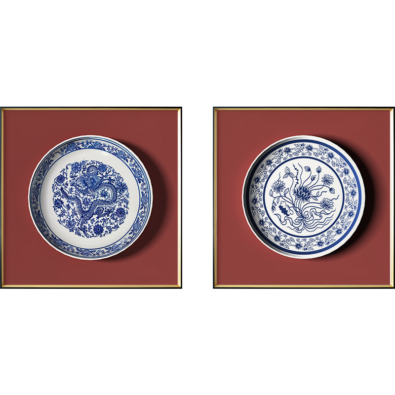 批发冰盘 新中式蓝色青花瓷书房装饰画玄关挂画风客厅餐厅壁画