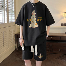 珀斯人小兔印花短袖t恤华夫格两件套夏季套装港风青年时尚五分裤