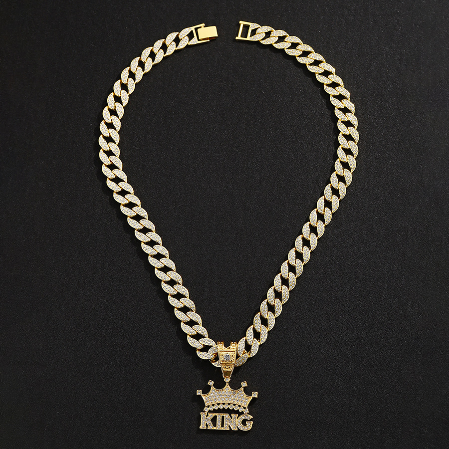 嘻哈新品合金皇冠坠子亚马逊古巴链项链欧美满钻街头字母king吊坠