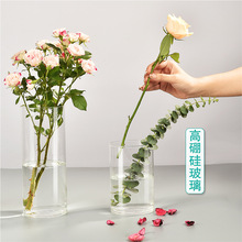 现代简约直筒透明玻璃花瓶摆饰百合玫瑰花小花瓶桌面摆件玻璃工艺