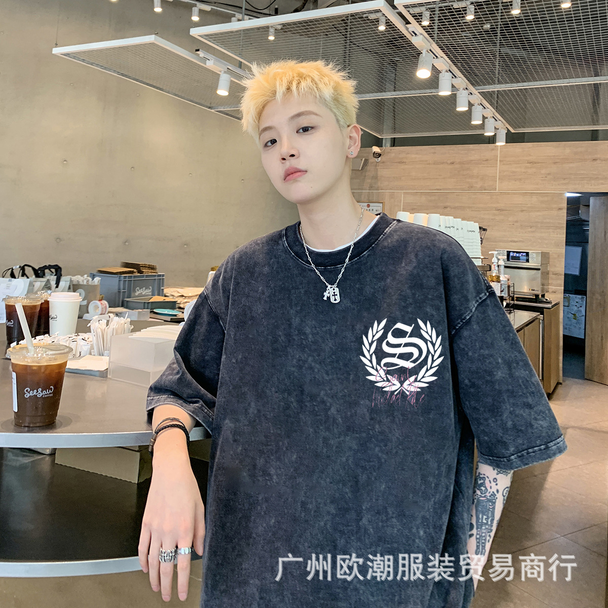 saint michael cho稻穗勋标字母印花短袖洗水黑色图案t恤男女夏季