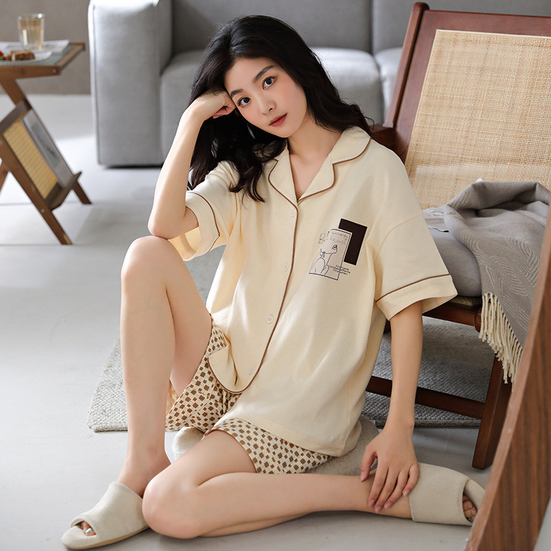 2023 New Summer Pajamas Women's Simple Pure Cotton Cardigan Lapel Short Sleeve Large Size High-End Summer Home Wear