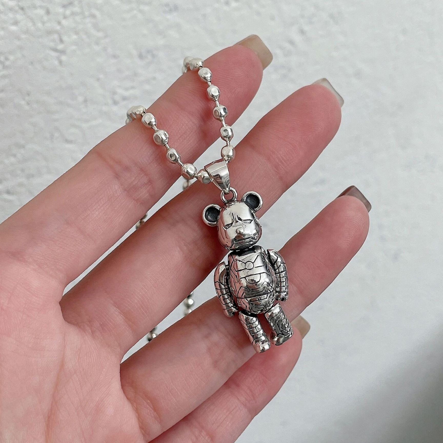 银瑞泰s925纯银独特小熊暴力熊项链吊坠女单坠小众设计感轻奢气质