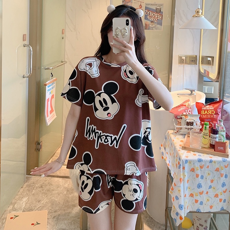 睡衣女夏短袖短裤大码宽松卡通圆领休闲家居服套装跨境东南亚批发