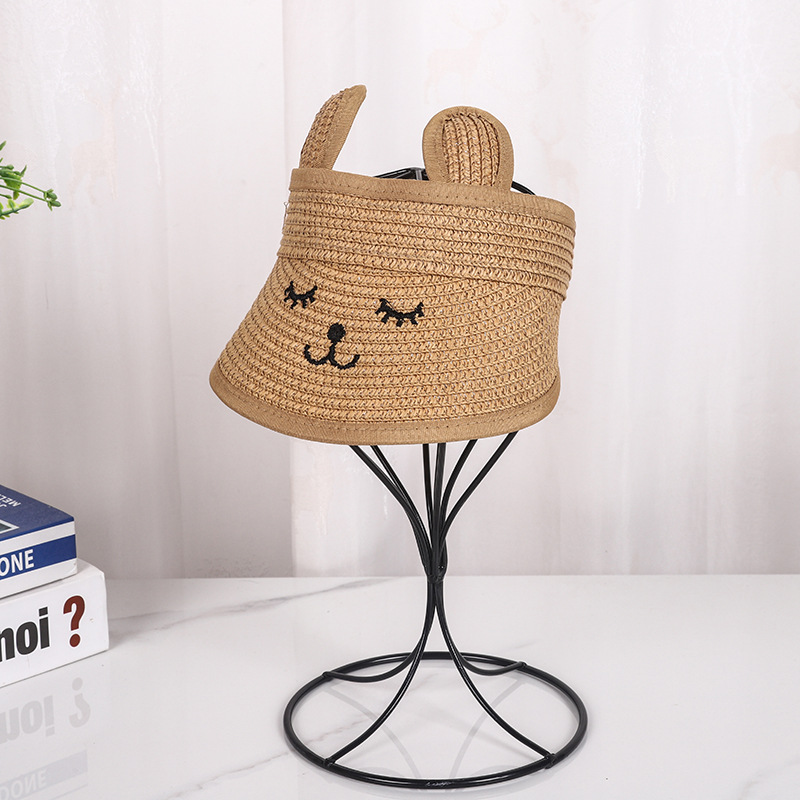 Cute New Straw Sun Hat Smiley Face Ears Air Top Sun Protection Hat Breathable Outdoor Sun Hat Beach Straw Hat Women