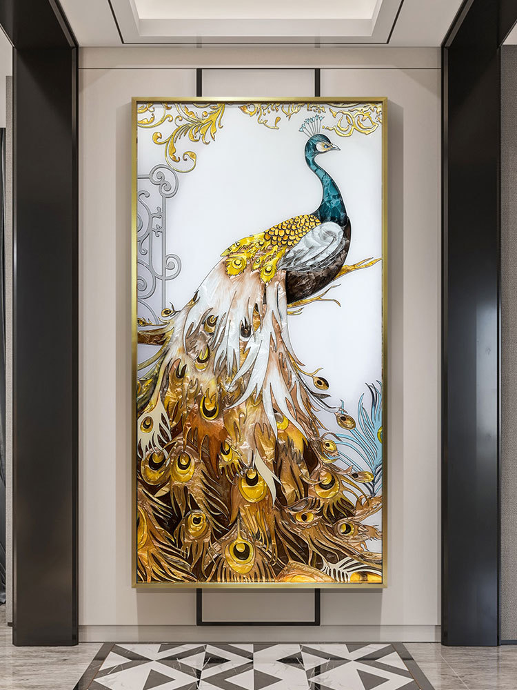手工掐丝珐琅彩玄关装饰画美式轻奢走廊尽头挂画客厅竖版壁画孔雀