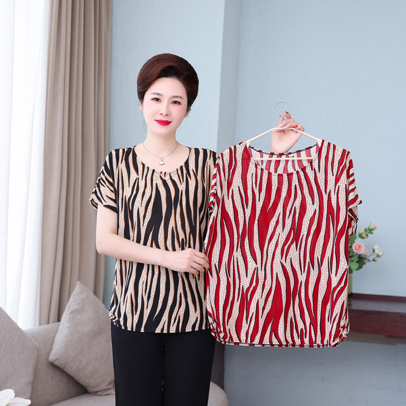 Middle-Aged and Elderly Batwing Sleeve plus and Extra Size Mom Wear 100.00kg Elderly T-shirt Top Short-Sleeved Summer Clothes Women's Milk Silk