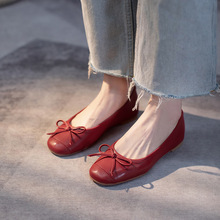 新款春夏季玛丽珍红色鞋子法式单鞋女小牛皮平底圆头蝴蝶结休闲鞋