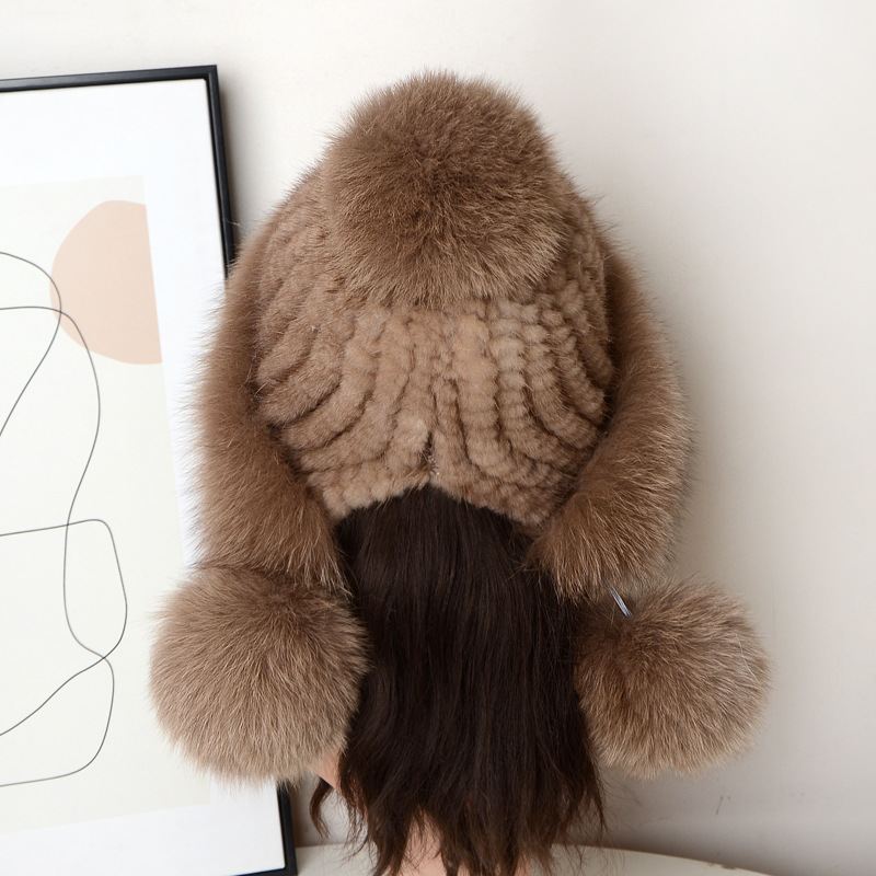 时尚保暖护耳冬季水貂毛帽子女皮草编织女帽狐狸毛三球帽防寒骑行