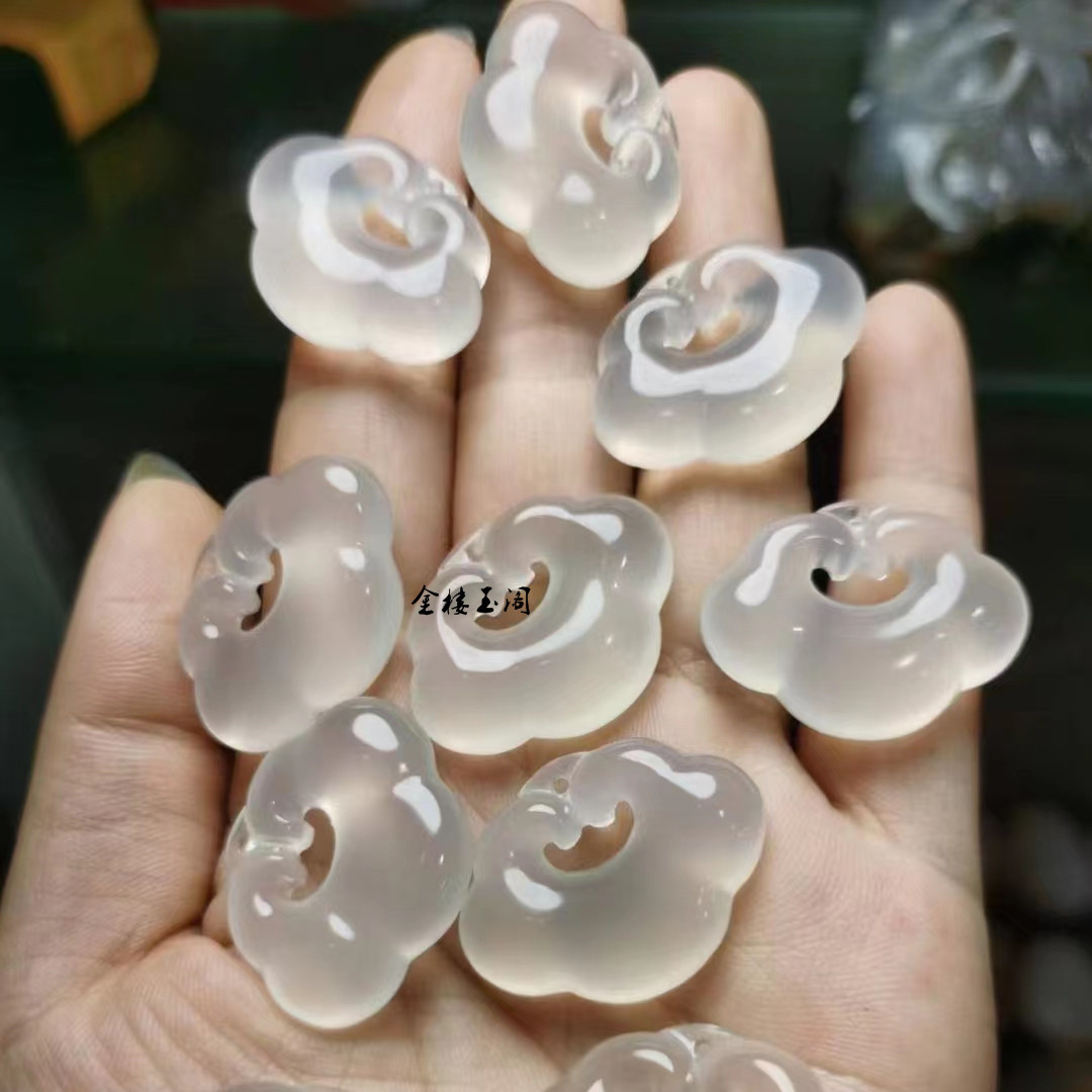 珠宝玉髓吊坠荔枝冻 高冰祥云如意玉佩 冰种荧光玛瑙镂空如意锁