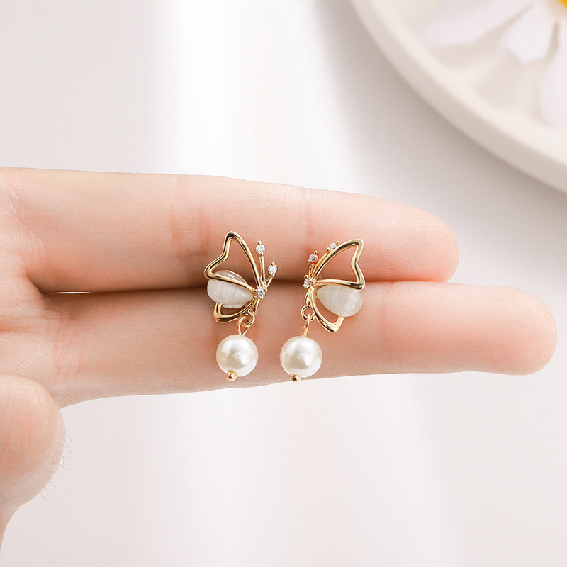 气质高级感纯银针猫眼石蝴蝶耳钉女 复古耳饰简约小巧耳夹 无耳洞