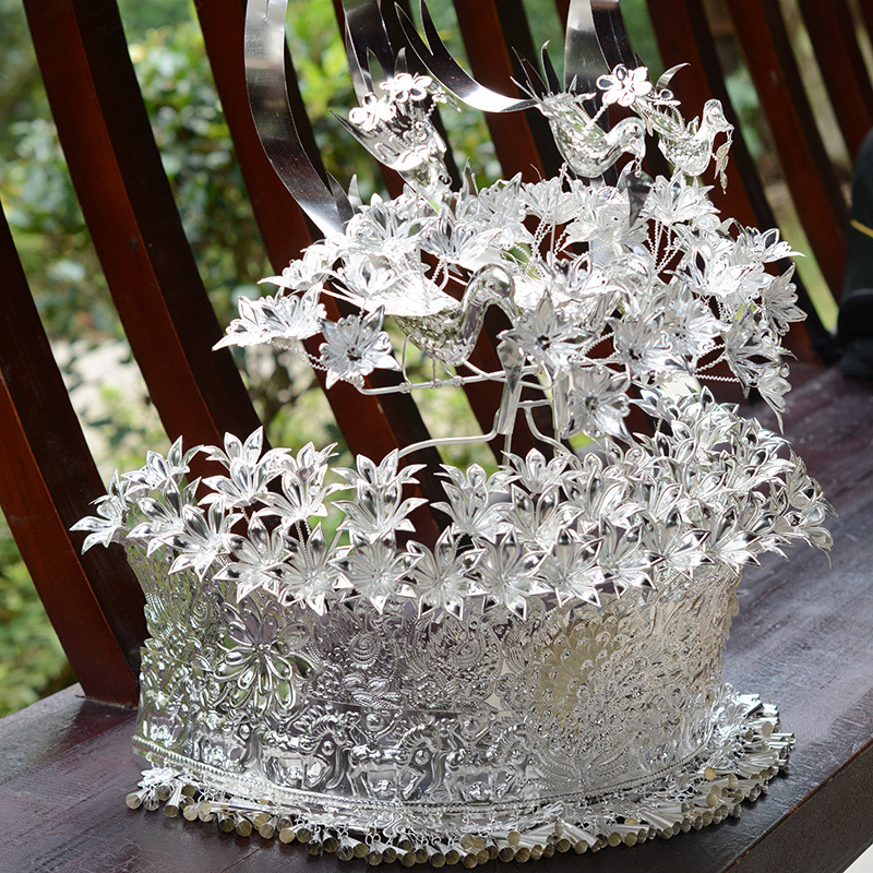 苗银头饰贵州苗族银饰帽子项圈牛角凤凰演出服装银饰帽子项圈直销