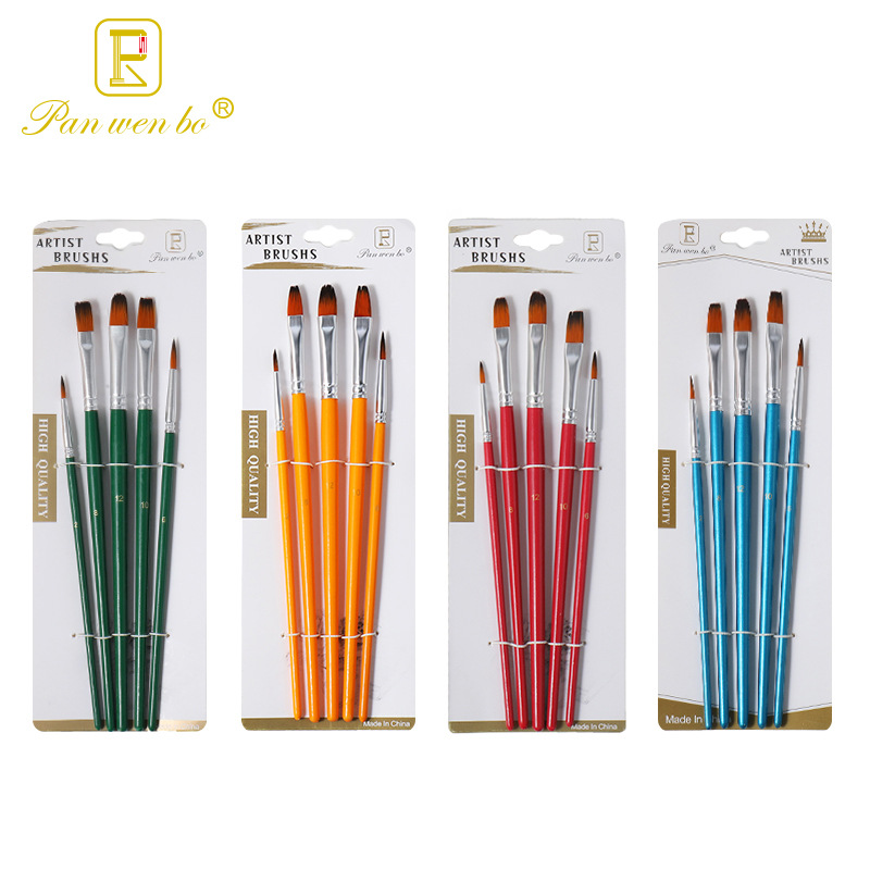 跨境黄色5支尼龙毛油画笔套装 多头水彩丙烯笔刷套装绘画工具批发