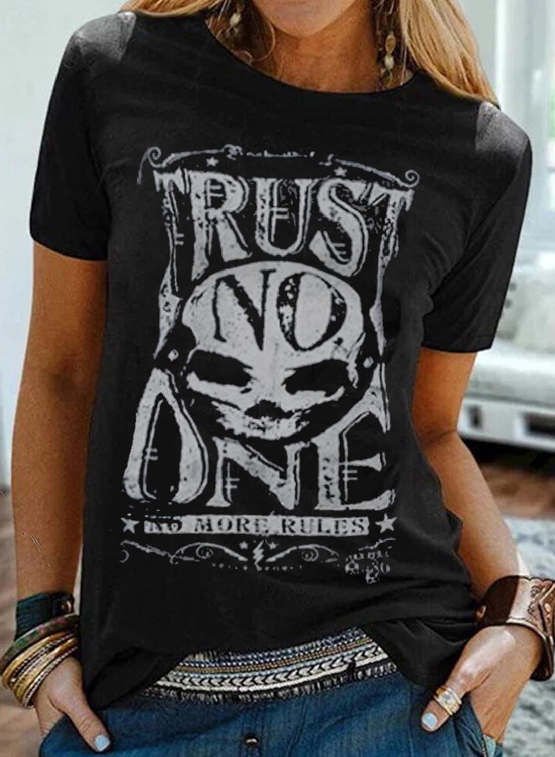 跨境电商亚马逊新款trust no one骷髅印花圆领短袖女t恤