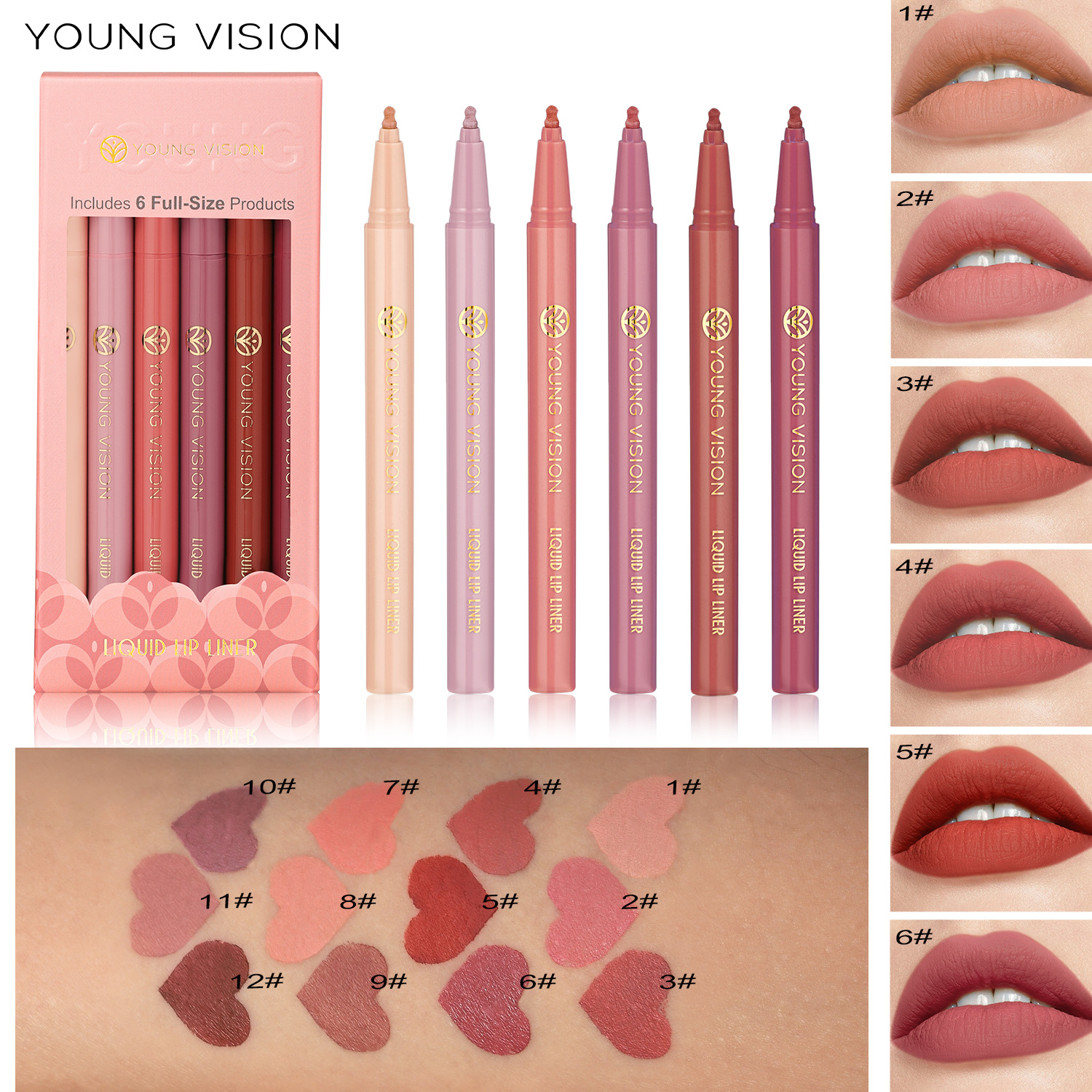 Young Vision Matte 6-Color Liquid Lip Liner Set Sponge Gourd Head Matte Nude Lipstick Pen