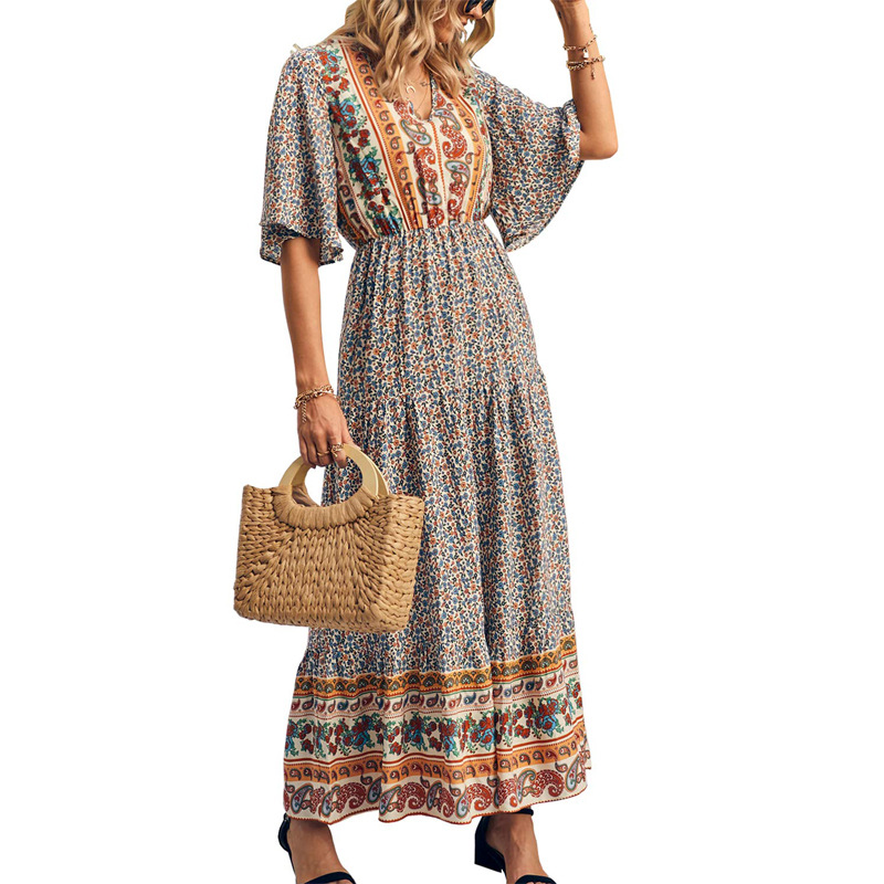 Wish2022 Summer New Amazon Hot Women's Bohemian Dress Beach Vacation Large Swing Dress