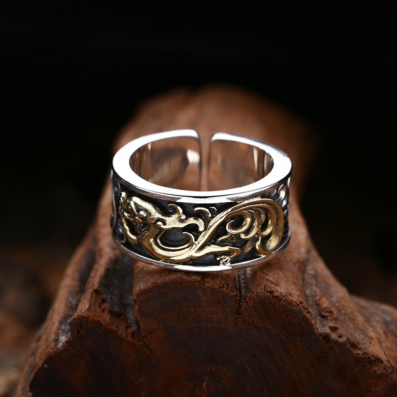 批发925纯银戒指 金银唐草龙纹戒指指环开口泰银复古潮流个性饰品