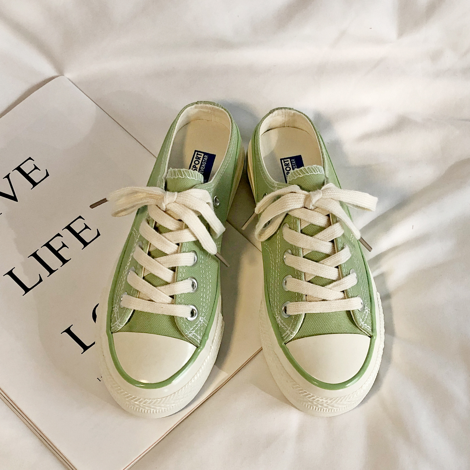 小众牛油果绿半拖帆布鞋女夏季薄款百搭学生无后跟一脚蹬懒人鞋