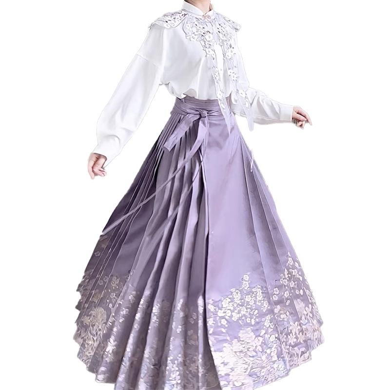 New Chinese Style Printed Improved Horse-Face Skirt Skirt Women's Spring Purple High Waist Slimming Large Hem Pleated Dress