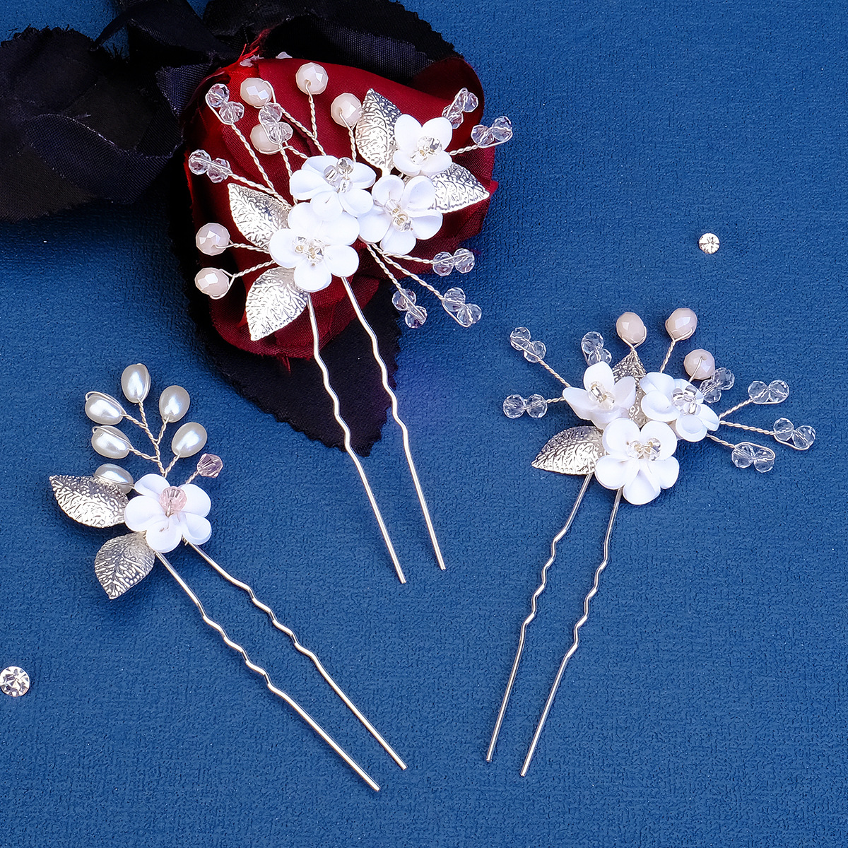 Cross-Border Retro Polymer Clay Flower Hairpin High-Grade Bridal Wedding Hair Accessories Handmade Crystal Pearl Pin Headdress for Women