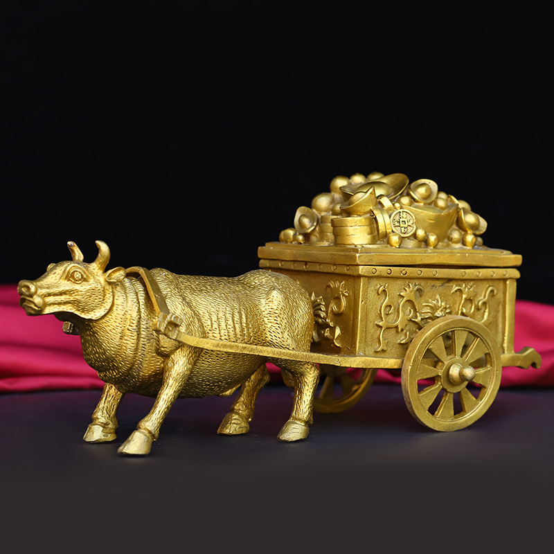 纯铜牛摆件铜牛拉车摆件纯铜生肖牛水牛金钱牛拉元宝家居饰品摆件