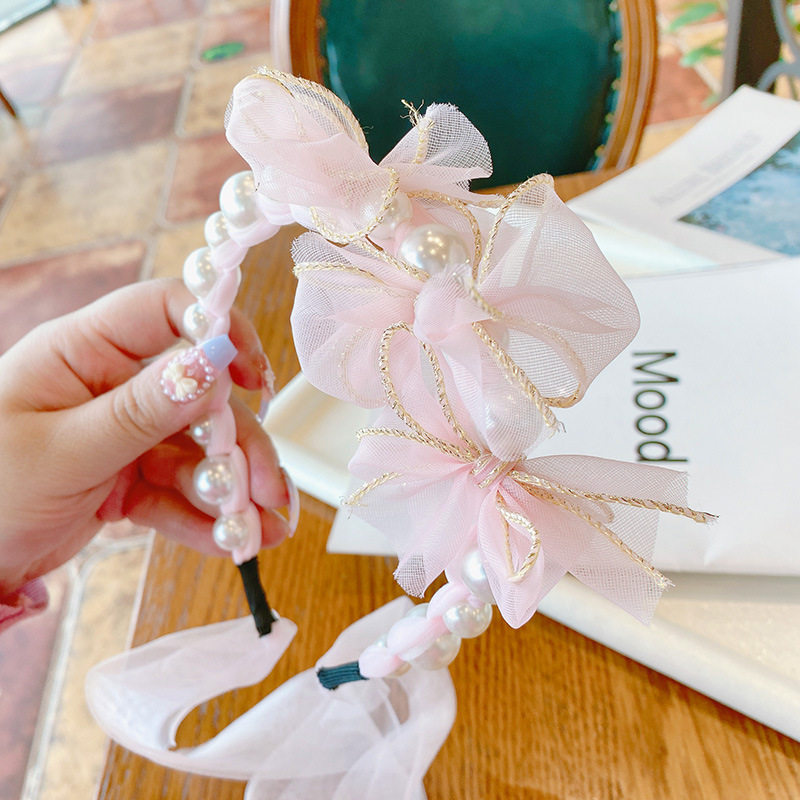 hd4368a07 洛丽塔少女日系夏季甜美网纱蝴蝶结飘带珍珠束发箍头箍