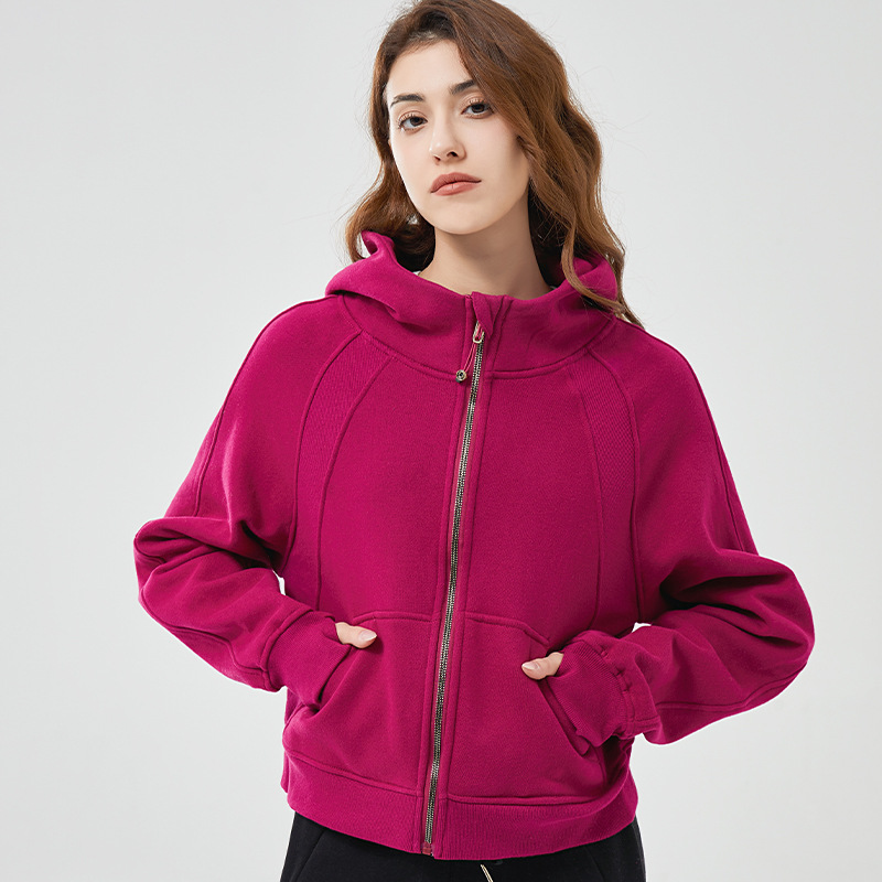 Qcfe Autumn and Winter New Fleece Hooded Loose Fitness Yoga Clothes Sports and Leisure Full Zipper Hooded Yoga Jacket