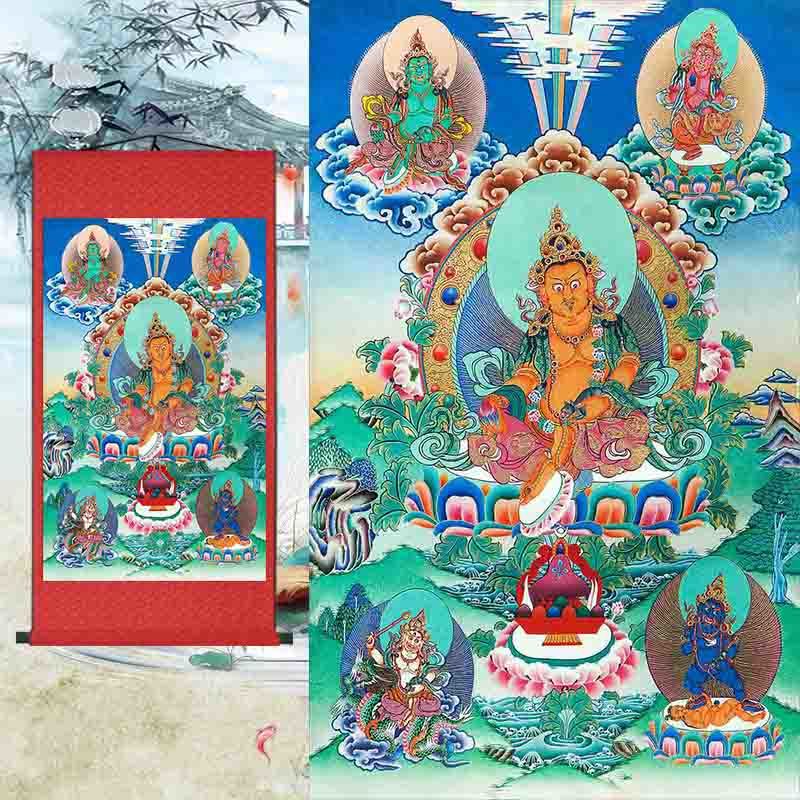 五色财神画像挂画五路财神供奉画黄白红绿黑财神唐卡丝绸画卷轴画