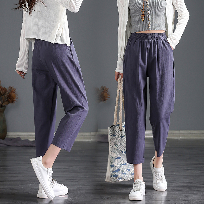 Women's Cotton and Linen Cropped Pants for Outer Wear Spring and Summer Thin High Waist Baggy Straight Trousers Large Size Slimming Harem Casual Tappered Pants