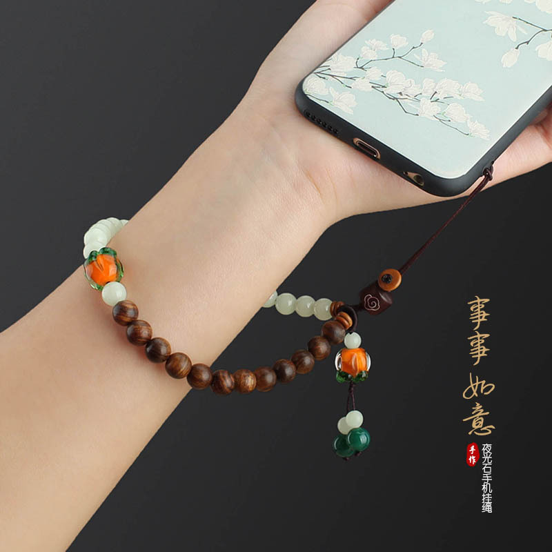 Chinese Style Luminous Stone Mobile Phone Charm Short Wrist Strap Beads Mobile Phone Strap Pendant Retro Glaze