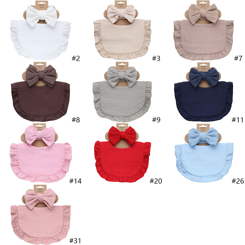 Best Seller in Europe and America Baby Saliva Towel Headband Suit Newborn Cotton Bow Wide Hair Band Ruffled Bib