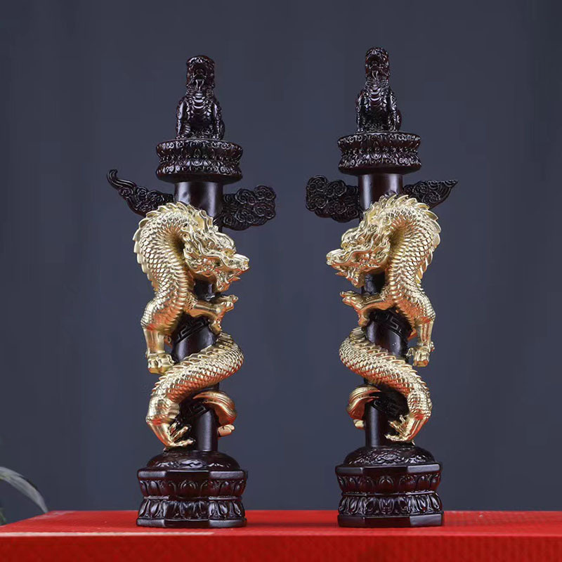 黑檀木雕华表盘龙柱摆件一对盘龙实木质客厅办公室摆设商务送礼品