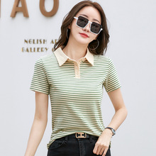 新款复古撞色条纹t恤减龄韩版POLO领短袖女装时尚气质夏季修身潮