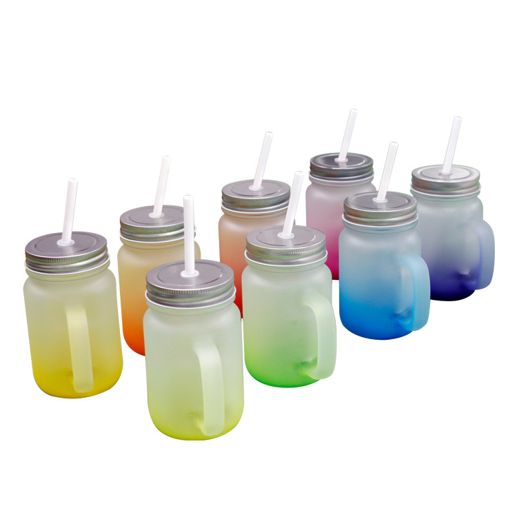 Color Background Gradient Color Mason Cup Sublimation Mason Cup Printed Lid Coctail Glass Sealed Glass Straw Handle