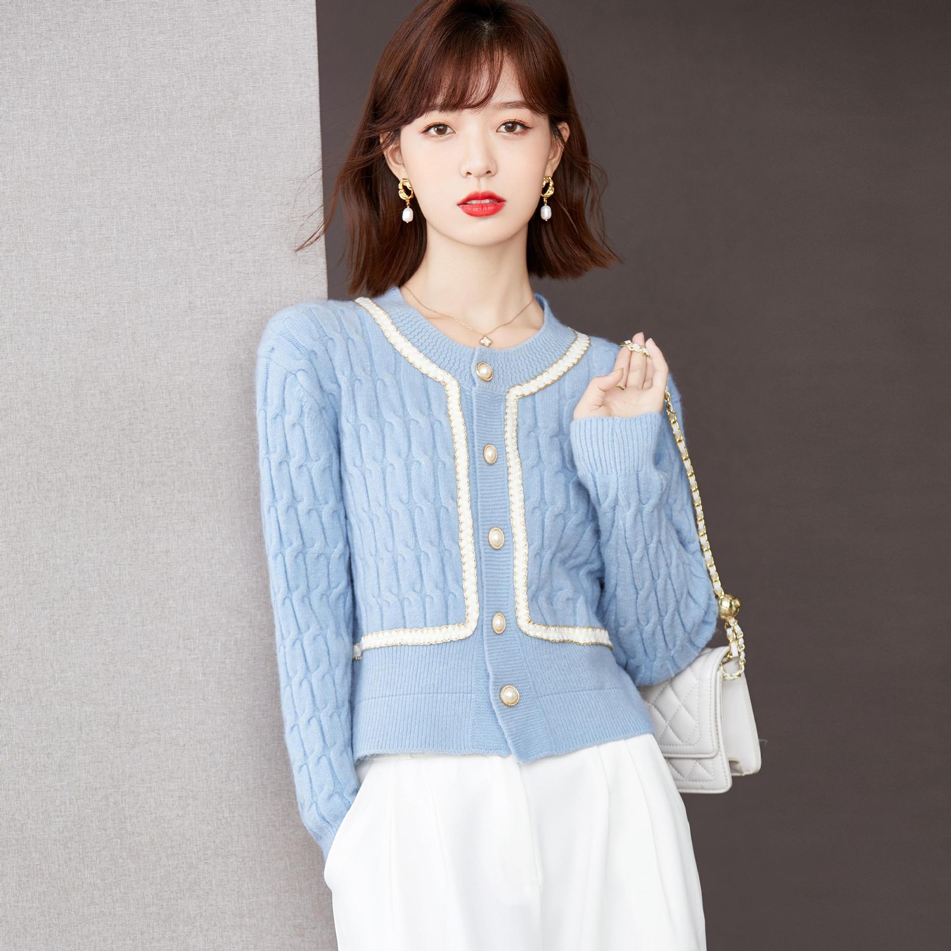 实拍2022年春装麻花纹金边单排扣开衫毛衣外套女针织衫