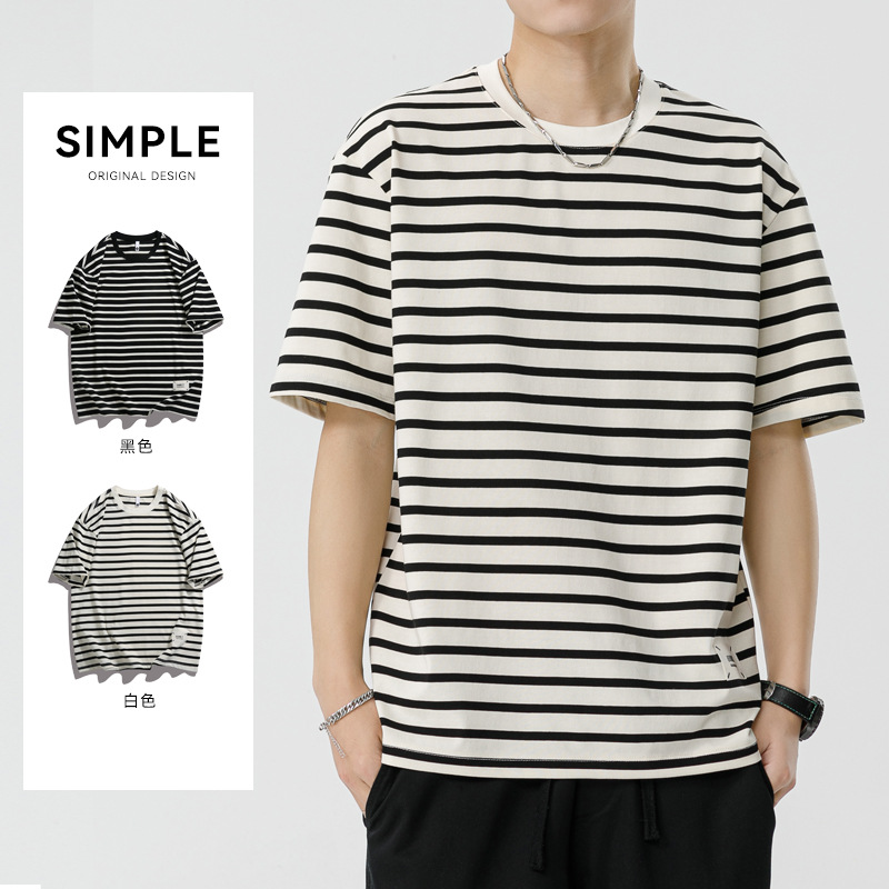 Qi Haipeng Cloud Summer New Men's Striped T-shirt Casual All-Match Men's and Women's Same Half Sleeve Top Couple Fashion