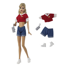 6分换装芭娃娃超模心怡FR衣服红色运动短上衣恤牛仔热裤白鞋玩具