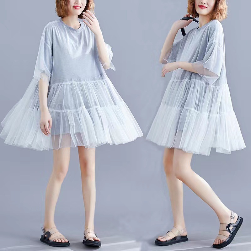 宽松蓬蓬娃娃裙夏季韩版胖仙女大码女装纯色网纱拼接假两件连衣裙