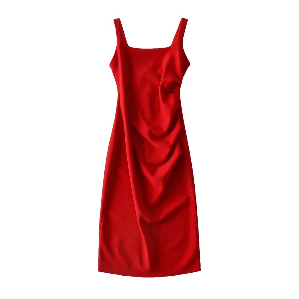 维瑞蒂外贸 欧美风新款女装辣妹性感学院风法式褶皱背心显瘦长裙