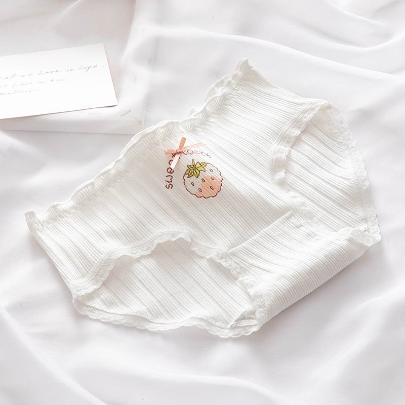 夏季清新日系白色蝴蝶结印花水果少女内裤纯棉裆中腰学生三角裤