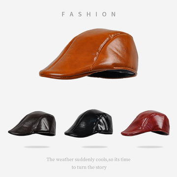 仿皮前进帽男女通用秋冬时尚可反戴鸭舌帽子贝雷帽跨境帽子画家帽