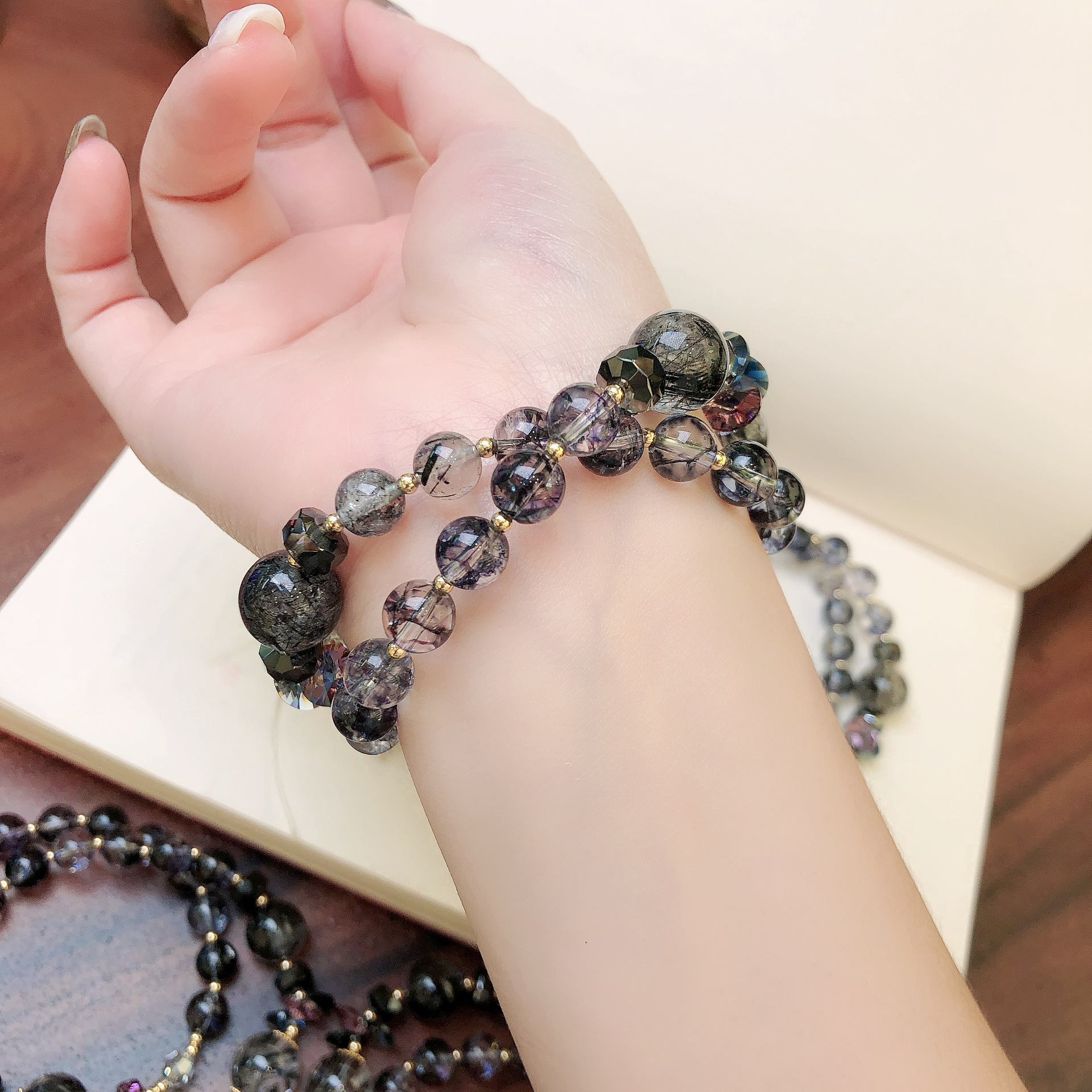 茶晶凤羽幽灵金发晶手链两圈奥地利水晶手串手工串珠饰品配饰首饰