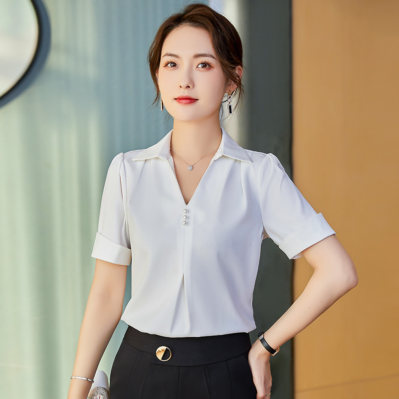 夏季短袖时尚V领雪纺衬衫女设计感韩版新款职业装女士白衬衣批发