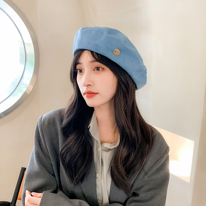 韩版牛仔贝雷帽女夏季薄款百搭三角标画家帽春秋小众报童帽蓓蕾帽