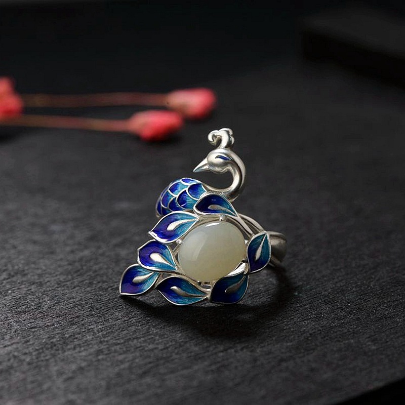 金鹿王s925银景泰蓝银饰品镶石戒指批发开口女款凤凰孔雀银饰指环